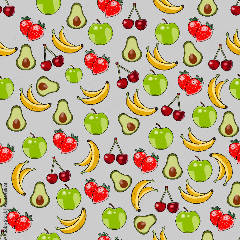 pixel pattern of berries and fruits icons for proper nutrition on a gray background pixel pattern of berries and fruits icons for proper nutrition on a gray background