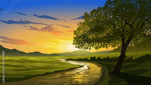 Sunrise in rural countryside with tree and river