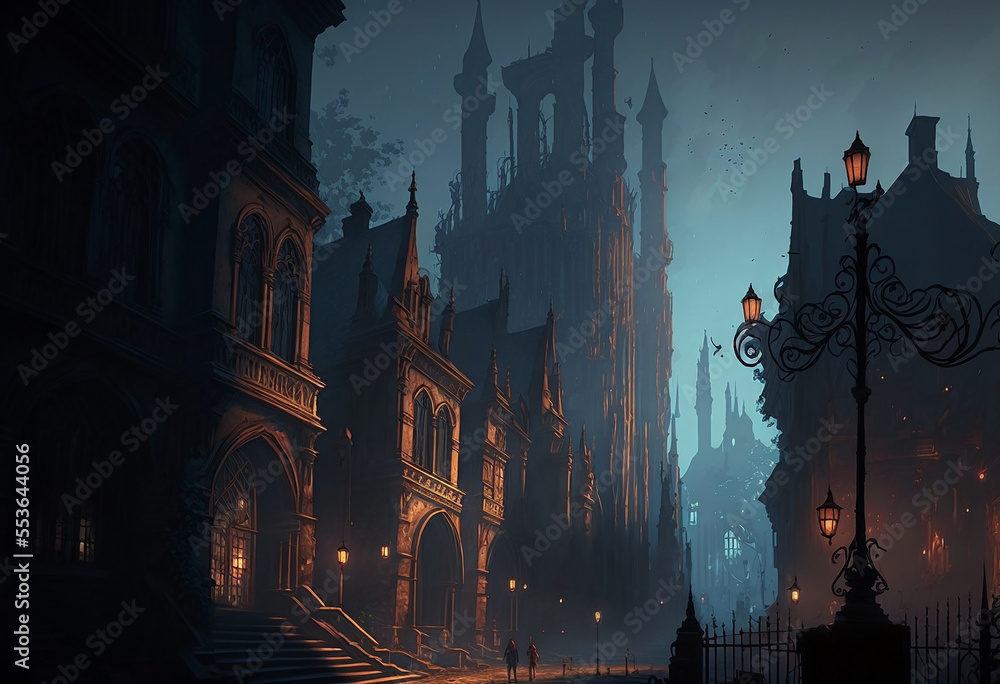 medieval fantasy city, sprawling streets, gothic castle, volumetric lighting,fantasy design, cinematic lighting. Generative AI	