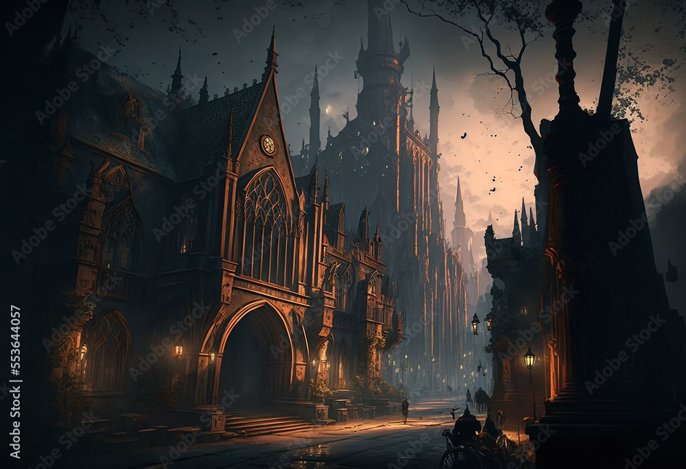 Obraz premium medieval fantasy city, sprawling streets, gothic castle, volumetric lighting, fantasy design, cinematic lighting. Generative AI