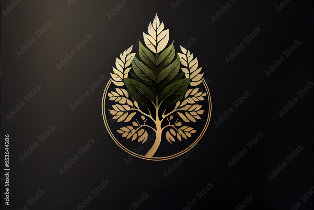 a gold and green leaf logo on a black background with a gold circle ...