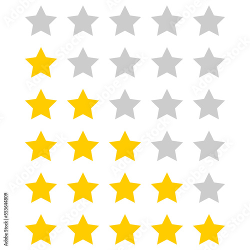 Set yellow 0-5 points rating stars for review icon on white background flat vector design.