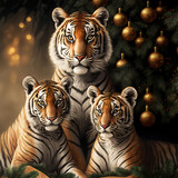 Tiger Family Christmas Photo in front of Christmas Tree| Midjourney Ai Generated