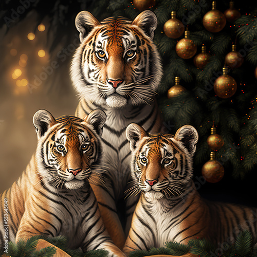 Tiger Family Christmas Photo in front of Christmas Tree  Midjourney Ai Generated