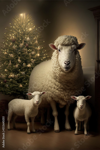 Sheep Lamb Family Christmas Photo in front of Christmas Tree| Midjourney Ai Generated