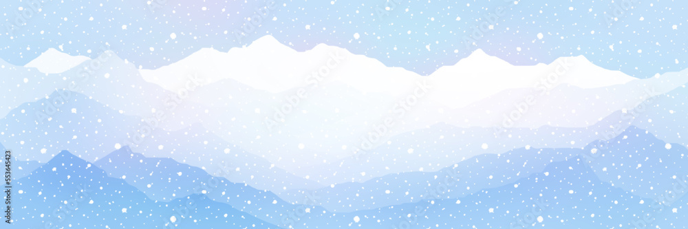 Winter landscape, mountains in sunset light, panoramic view Winter landscape, mountains in sunset light, panoramic view