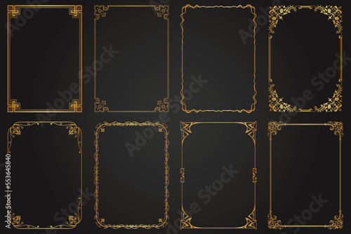 Luxury decorative golden vintage frames and borders. Retro elegant ornamental frame, ornaments. Wedding frames, invitation card, menu, picture borders, or deco dividers. Isolated icons vector set
