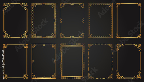 Decorative gold frames. Retro ornamental frame, vintage rectangle ornaments and ornate border. Decorative wedding frames, antique museum image borders. Isolated vector icons set
