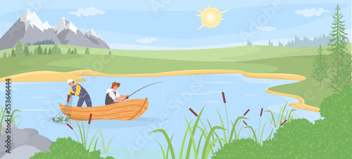 Fisherman in boat over summer landscape vector