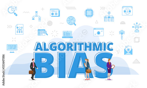 algorithmic bias concept with big words and people surrounded by related icon spreading with modern blue color style
