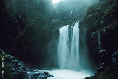 Aerial view of the waterfall in the deep mountains  the background is in the clouds and misty mountains  green forests  hidden scenic spot  zen  magnificent scene  generative ai.