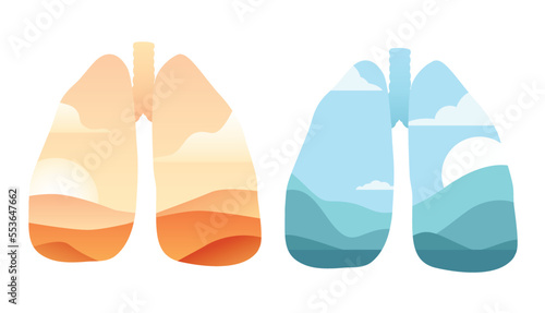 Vector set of silhouettes of human lungs with nature landscape inside. Collection of human body organ with nature