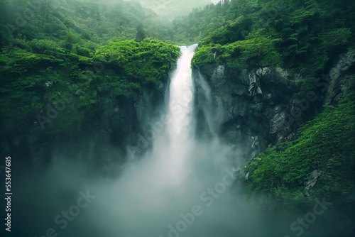 Aerial view of the waterfall in the deep mountains  the background is in the clouds and misty mountains  green forests  hidden scenic spot  zen  magnificent scene  generative ai.