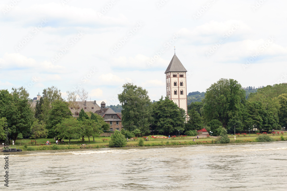 Church Johanniskirche with tower at the riverside of river Rhine in Koblenz, Germany