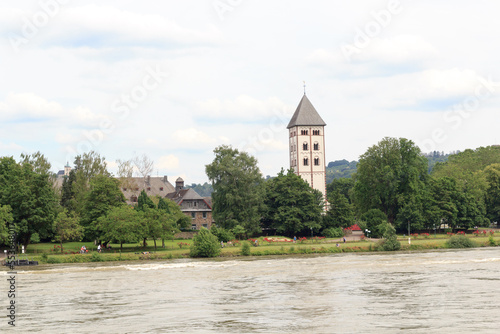 Church Johanniskirche with tower at the riverside of river Rhine in Koblenz, Germany
