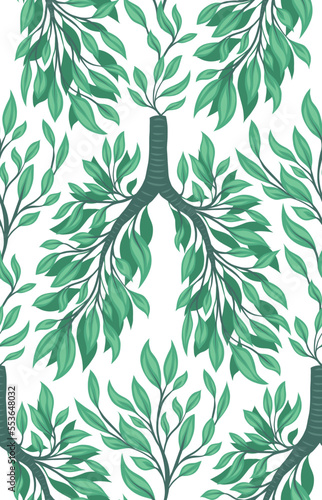 Vector seamless pattern with human lungs from leaves and branches on white background. Clean natural air. Save the earth and the environment.