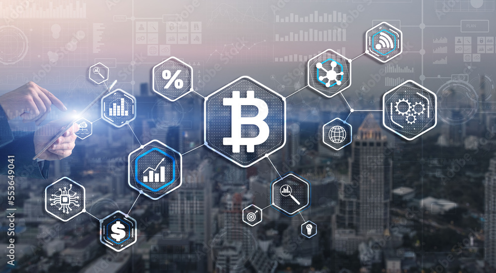 Man clicks on a virtual screen bitcoin icon Man clicks on a virtual screen bitcoin icon