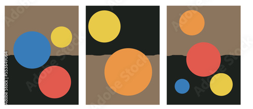 collection of modern simple minimalistic abstractions in dark shades with colored geometric shapes (circles) on the background © Soap Dish