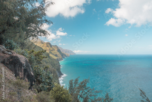 Fototapeta Naklejka Na Ścianę i Meble -  Na Pali Coast Trail Kauai Hawaii ocean view trail