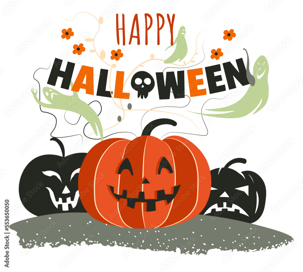 Happy Halloween autumn holiday celebration, carved pumpkins faces Happy Halloween autumn holiday celebration, carved pumpkins faces