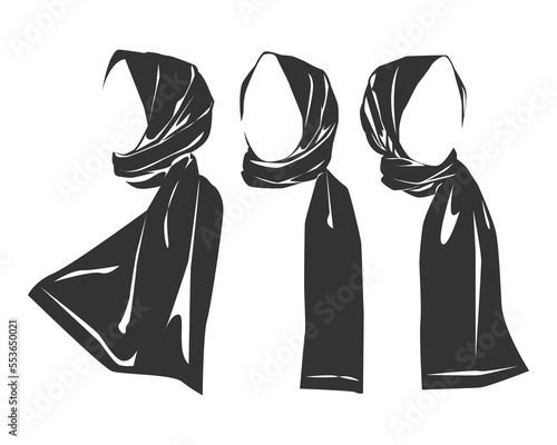 hijab silhouette set icon. black and white. Muslim women's clothing. isolated background. vector illustration.