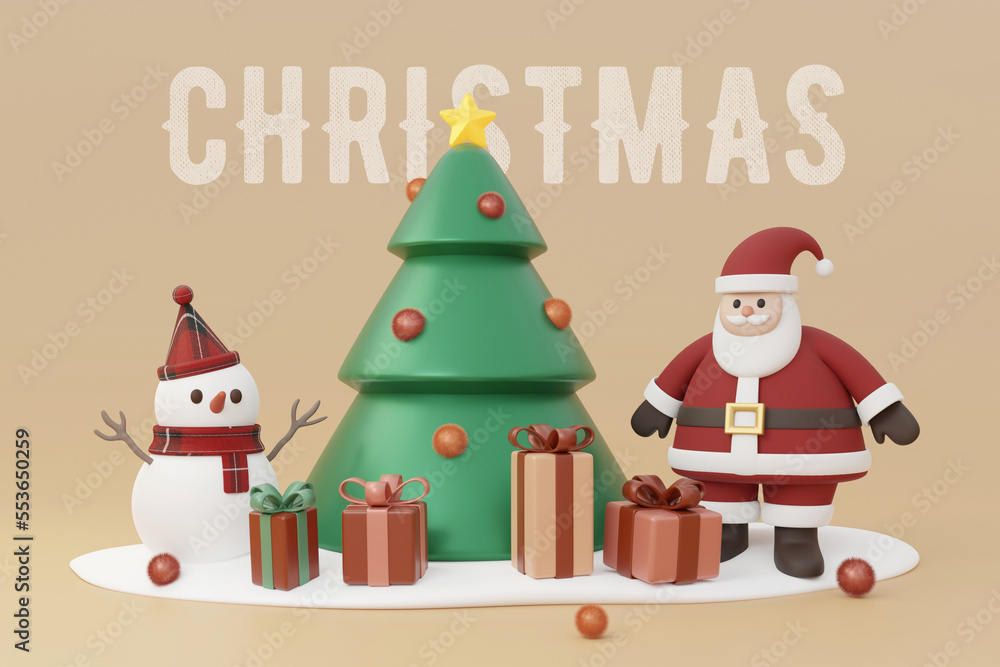 3D Santa Claus and snowman with gifts box around the Christmas trees. 3d render Xmas banner. Merry Christmas and Happy New Year festive concept.