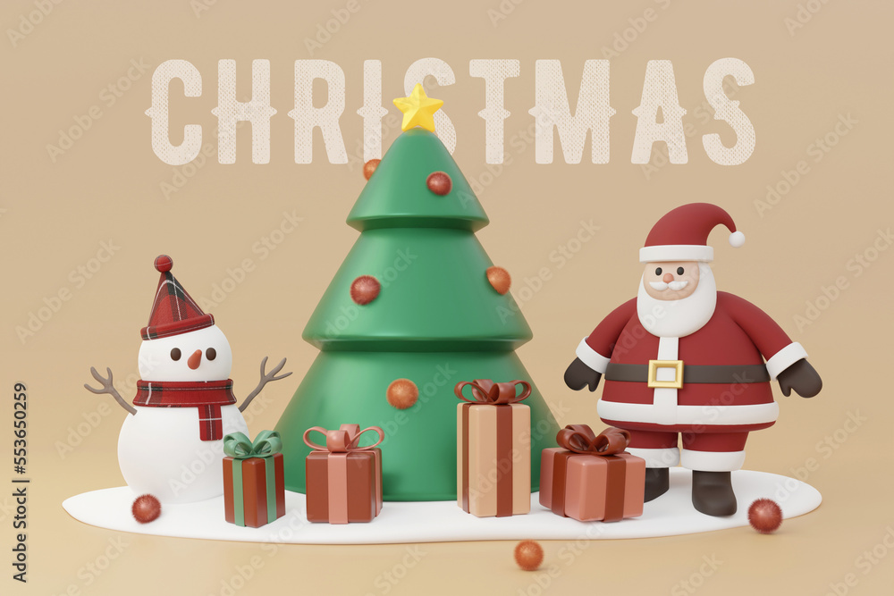 3D Santa Claus and snowman with gifts box around the Christmas trees. 3d render Xmas banner. Merry Christmas and Happy New Year festive concept. 3D Santa Claus and snowman with gifts box around the Christmas trees. 3d render Xmas banner. Merry Christmas and Happy New Year festive concept.