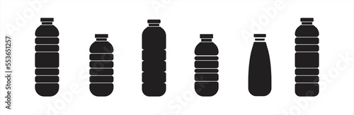 Water bottle plastic icon set. Black plastic bottle. Plastic bottle collection. Vector illustration