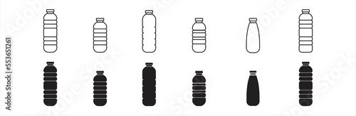 Water bottle plastic icon set. Bottle plastic black and white. Plastic bottle collection. Vector illustration