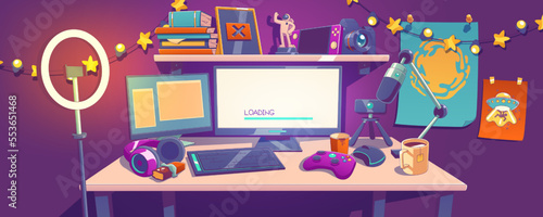 Workplace of game streamer or blogger. Room interior with computer on table  microphone  led ring lamp on tripod  headphones. Home studio of stream video in social networks Cartoon vector illustration