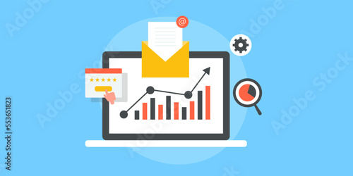 Business intelligence software providing information based on historical data on laptop screen, report on email message concept.