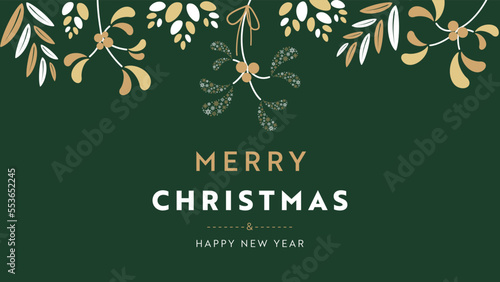 雪の結晶で作られたヤドリギをモチーフにしたクリスマス背景テンプレート（緑）　Christmas background template featuring mistletoe made of snowflakes (green)