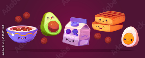 Kawaii food characters, cartoon breakfast meals. Cute juice, waffles, bowl with chocolate balls with milk, avocado and egg halves isolated set. Funny adorable kids menu personages, Vector illustration