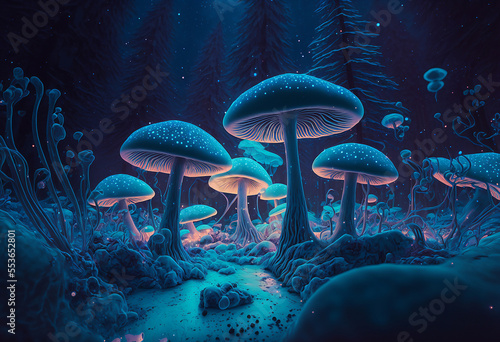a mushroom winter wonderland fill will snow covered bioluminescent glowing mushroom forest. Generative AI