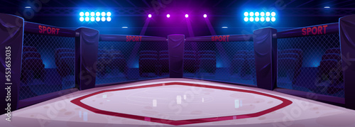 Ring octagon, arena for boxing fight and MMA championship competitions. Cartoon background with stage surrounded with chainlink fence, spotlights and empty spectator seats, Vector illustration