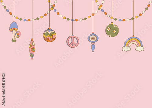 Background with Christmas tree toys in hippie style. Flat vector illustration
