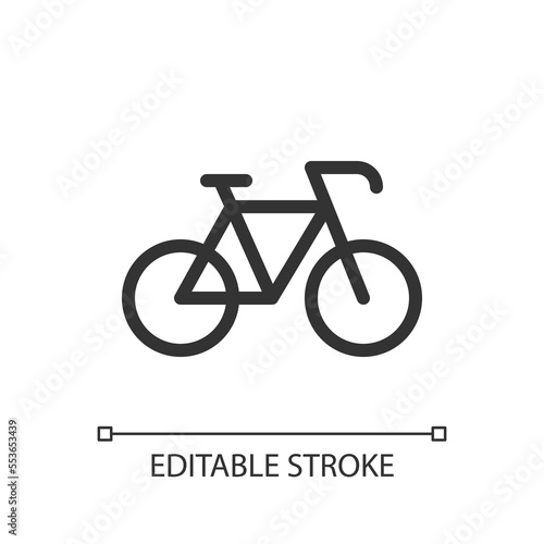 Bicycle pixel perfect linear ui icon. Riding bike. Rental service. Transportation mode. GUI, UX design. Outline isolated user interface element for app and web. Editable stroke. Arial font used