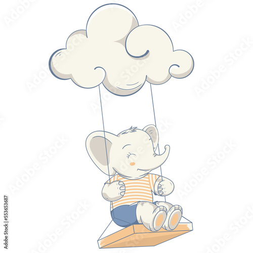 Cute elephant with bunny sitting on a swing vector illustration