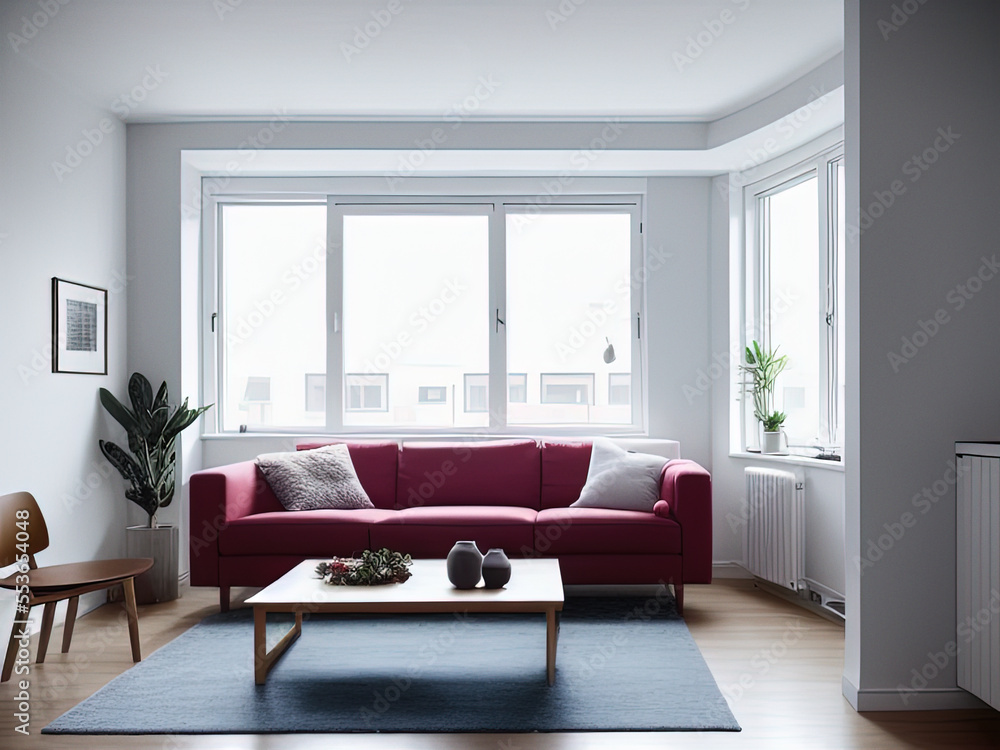 Fototapeta premium Swedish modern living room with sofa. Very clean and contemporary.