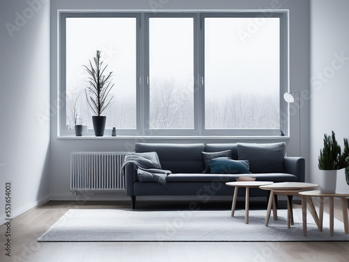 A heated indoor living room and a window that shows how cold it is outside