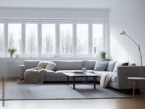 A cozy modern living room in a Nordic country