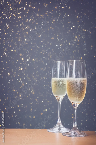 Two glasses of champagne and a gold sprinkle background