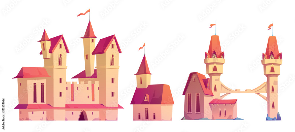 Set of medieval town buildings isolated on white background. Cartoon vector illustration of old city architecture with flags on top of red roofs, fortress with towers, bridge, house. Design elements