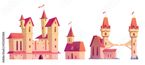 Set of medieval town buildings isolated on white background. Cartoon vector illustration of old city architecture with flags on top of red roofs, fortress with towers, bridge, house. Design elements