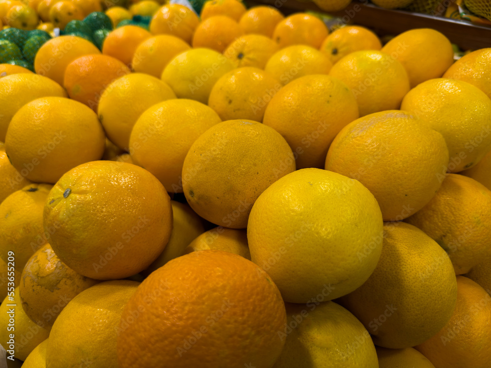Fresh orange in the supermarket. Vegetables and fruits exposed for consumer choice. Brazilian hortifrutti.