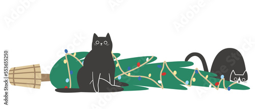 Flat vector Christmas illustration. Two black cats knocked down a Christmas tree. Satisfied bully cats 