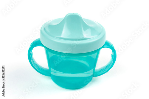 Children's mug (drinking cup) green (blue) on a white isolated background. Template, design.