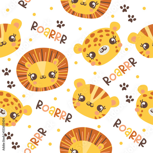 Seamless vector pattern. Cat footprints  tiger  lion  leopard. Cute animal faces on white background 