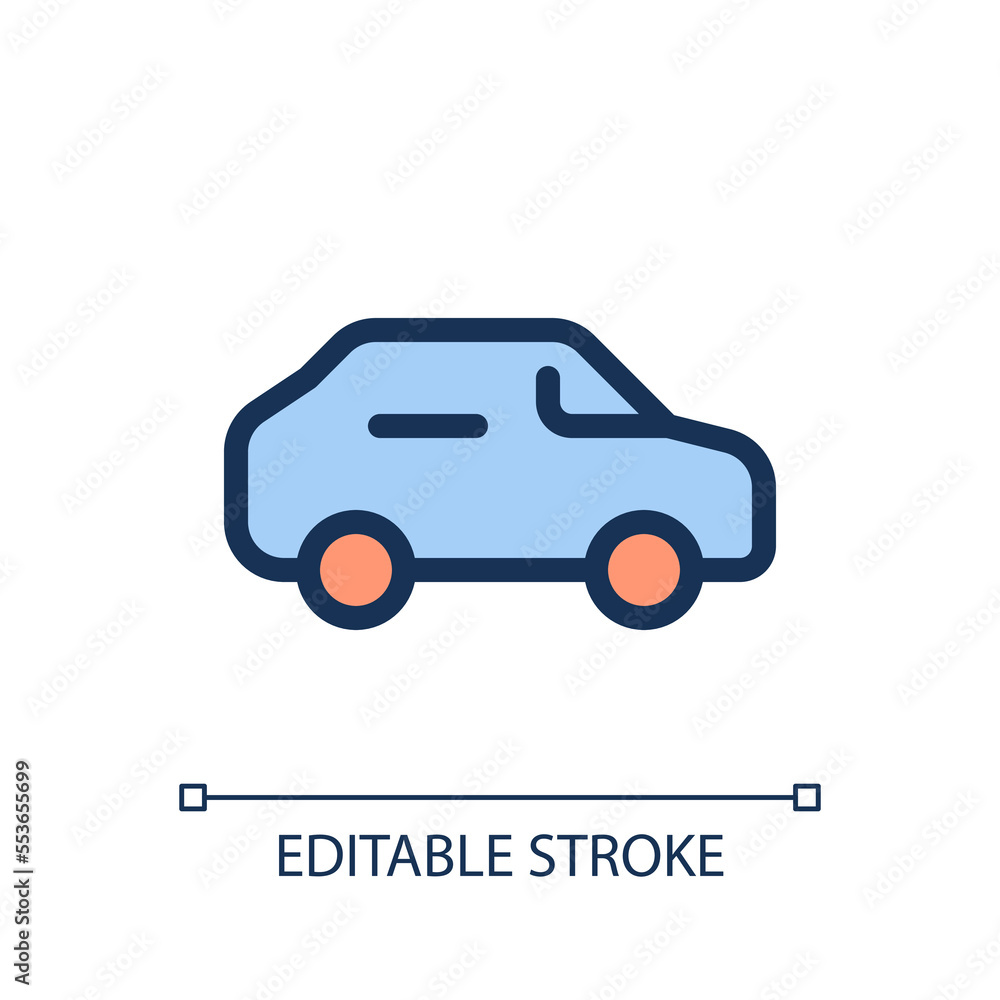 Automobile pixel perfect RGB color ui icon. Driving car. Passenger vehicle. Simple filled line element. GUI, UX design for mobile app. Vector isolated pictogram. Editable stroke. Arial font used