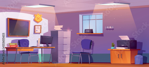 Police office interior design. Cartoon vector illustration of room with desk, chairs, blackboard and golden badge on wall, criminal cases in folders, computer. Detective or investigator workplace